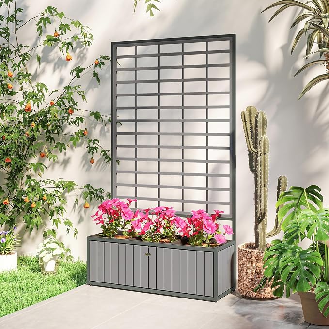 Outsunny Wooden Raised Garden Bed with Trellis, Removable Pots, Drainage Holes for Climbing Vines, Vegetables, Flowers, Raised Planter Box for Backyard, Patio, Balcony, 29 x 11 x 52 in., Gray