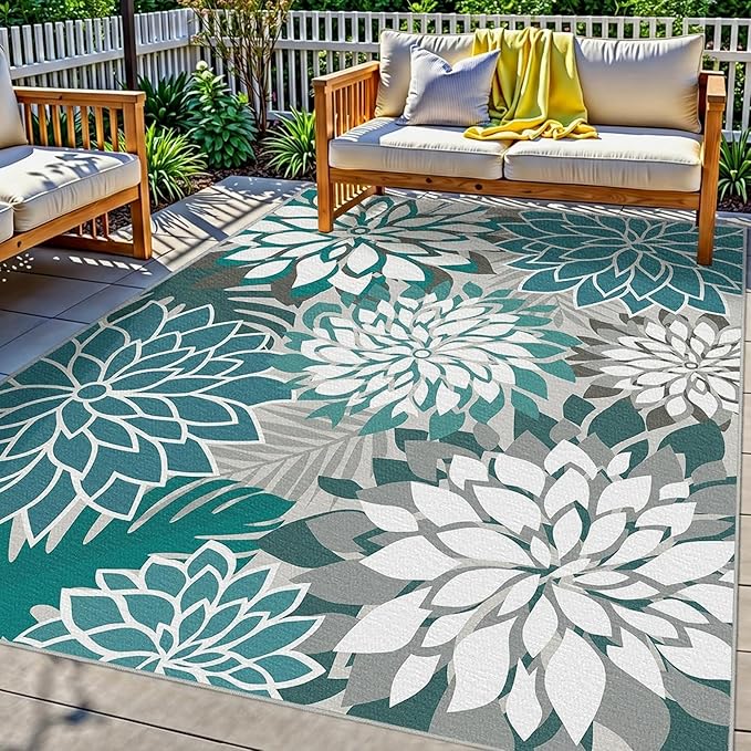 Colorful 4x6 Outdoor Area Rug Washable Rugs Multicolored Patio Rug Tropical Botanical Floral Chenille Outdoor Carpet Non Slip for RV, Pool Deck, Backyard, Porch, Teal