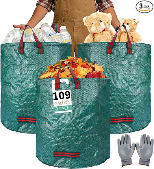 3 Pack 109-Gallon Yard Waste Bags with Gardening Gloves, Heavy Duty Reusable Lawn Leaf Bags with Reinforced Handles, Collapsible Garden Bags for Leaves, Debris and Outdoor Clean Up