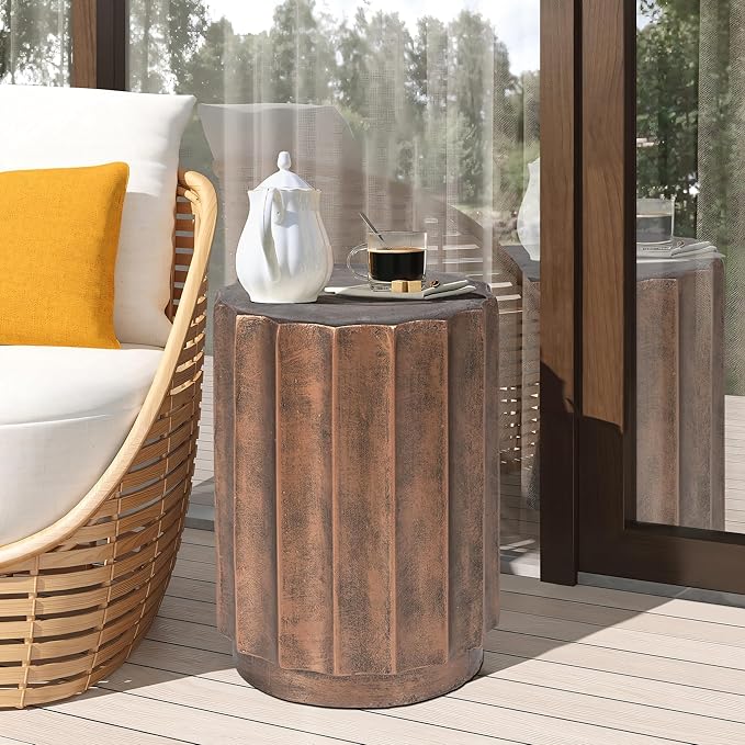 LuxenHome 18" Fiber Stone Outdoor Side Table, Bronze Finish Garden End Table, Round Porch Poolside Seating, Indoor Outdoor Use