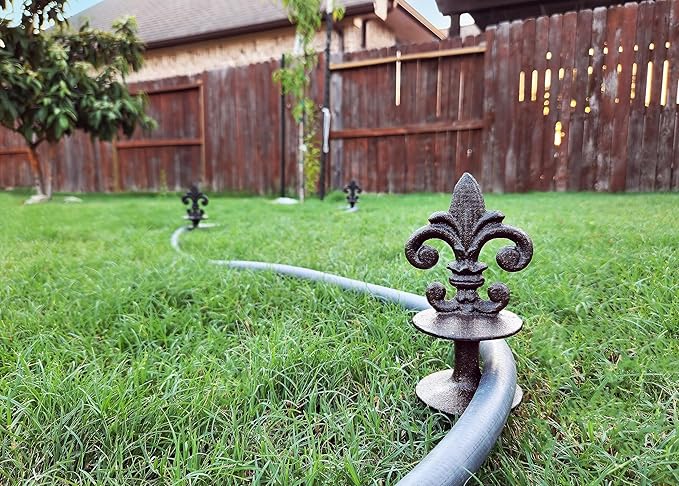 Lulu Decor, Antique Black Cast Iron Garden Fleur de lis Hose Guides, Set of 8. Strong and Decorative Hose Guide that Protects Your Plants and Provides Elegance to Your Garden