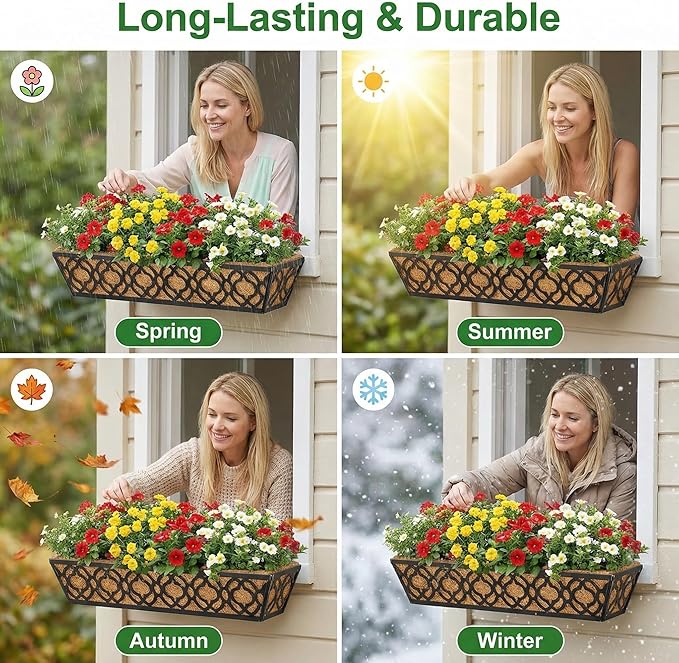 Y&M 4pcs 24 Inch Window Deck with Coconut Coir Liner, 24" Railing Planter Horse Trough Coco Basket Boxes Metal Hanging Flower Balcony for Outdoor Garden Fence Lawn