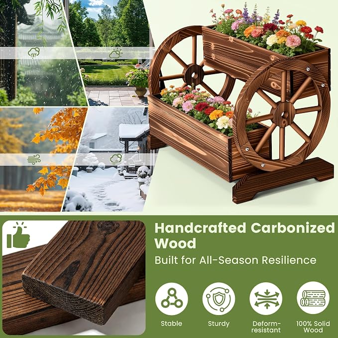 Extra Large Wooden Wagon Planter Box, 24" W 2-Tier Decorative Flower Cart with Wheels, Rustic Raised Garden Bed with Drainage Holes & Non-Woven Liner for Outdoor Plants, Flowers Herbs Vegetables