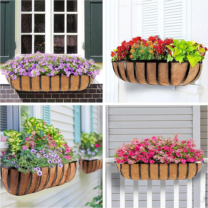 HFHOME 30" Deck Railing Planter Box with Horse Trough Coco Liners, Black Window Box Metal Hanging Flower Planters Baskets for Indoor, Outdoor, Balcony, Porch, Fence, Patio, and Lawn (Set of 2)