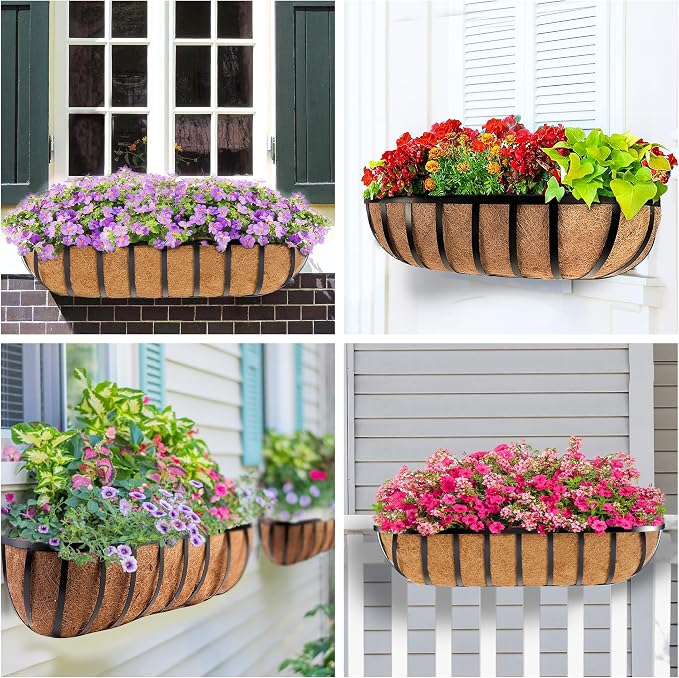 HFHOME 2 Pcs 24" Railing Planter Box with Horse Trough Coco Liners, Black Window Boxes Metal Hanging Flower Planters Baskets for Indoor, Outdoor, Balcony, Porch, Fence, Patio, and Lawn