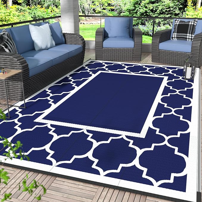 GENIMO 6' x 9' Outdoor Rug Waterproof for Patio Fall Decor, Foldable Reversible Plastic Straw Area Rugs Mat for Camper, Outside Carpet for Rv, Deck, Porch, Picnic, Beach, Balcony, Blue & White
