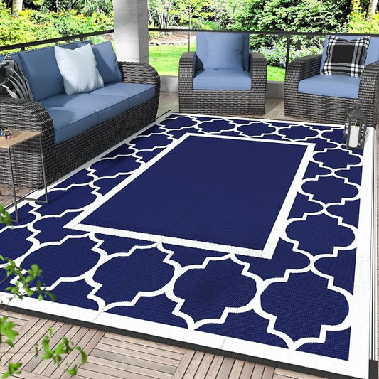 GENIMO 6' x 9' Outdoor Rug Waterproof for Patio Fall Decor, Foldable Reversible Plastic Straw Area Rugs Mat for Camper, Outside Carpet for Rv, Deck, Porch, Picnic, Beach, Balcony, Blue & White