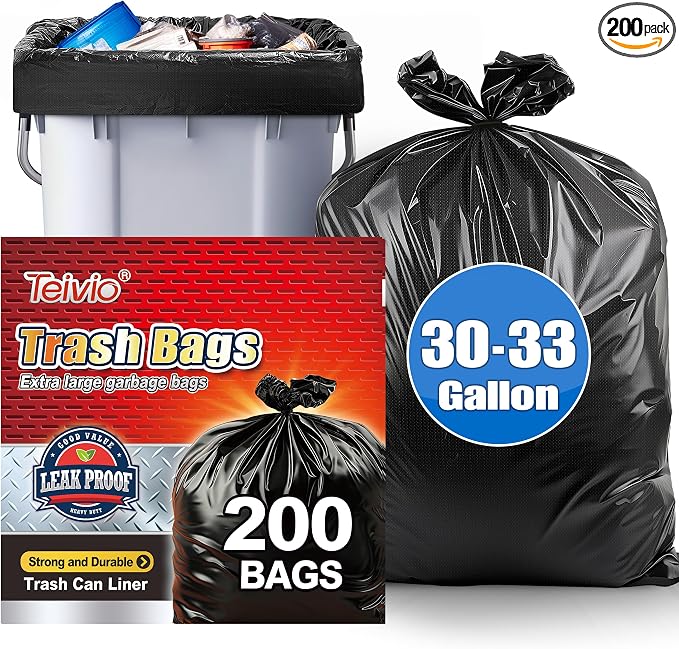 Teivio Black Large Trash Bags 30-33 Gallon 200 Count | Large Multipurpose | Fit 23,25,30,33 gallon Garbage Bin Liner | Kitchen | Lawn And Leaf Bags Outdoor Yard Waste Bag | Workshops Trash