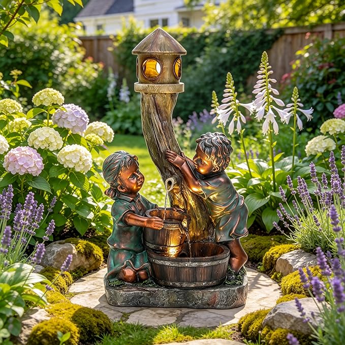 31" H Boy & Girl Outdoor Water Fountain with LED Lights, Faux Bronze Resin Statue Fountain, Wood Barrel & Pagoda Design, 3-Tier Cascading Waterfall for Serene Patio, Yard and Porch