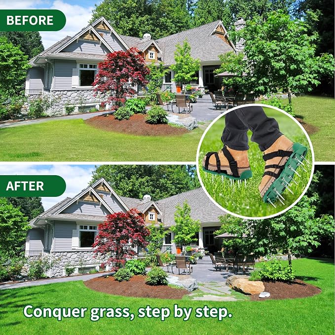The Lawn Aerator Shoes for Grass, Epoxy Spiked Shoes with 1.65'' Sharp Short Spikes, Garden Grass Loosening Spike Shoes for Epoxy Flooring, 6 - Shoelace Design (Green, 11.8'' x 5.1'')