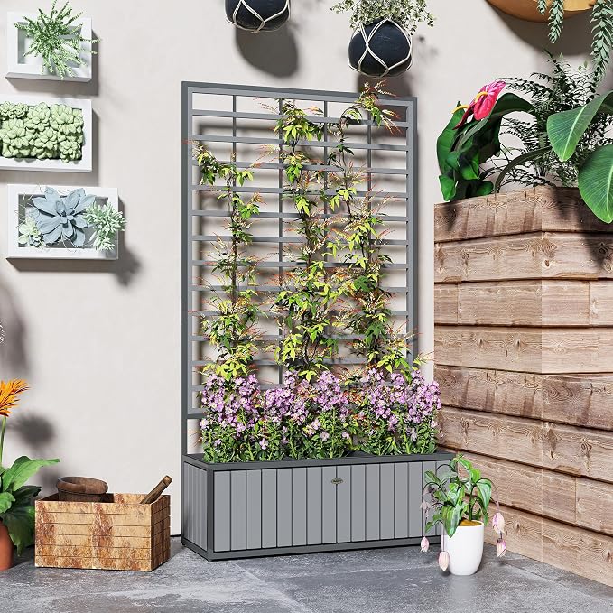 Outsunny Wooden Raised Garden Bed with Trellis, Removable Pots, Drainage Holes for Climbing Vines, Vegetables, Flowers, Raised Planter Box for Backyard, Patio, Balcony, 29 x 11 x 52 in., Gray