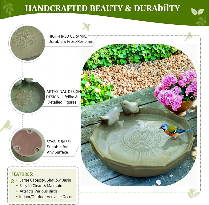 Large Ceramic Bird Bath Bowl Only, 10" Shallow Ground Bird Bath, Handmade Ceramic Birdbath Bowl for Outdoors, Wildlife Water Bowl for Outside, Garden, Tabletop, Balcony and Lawn