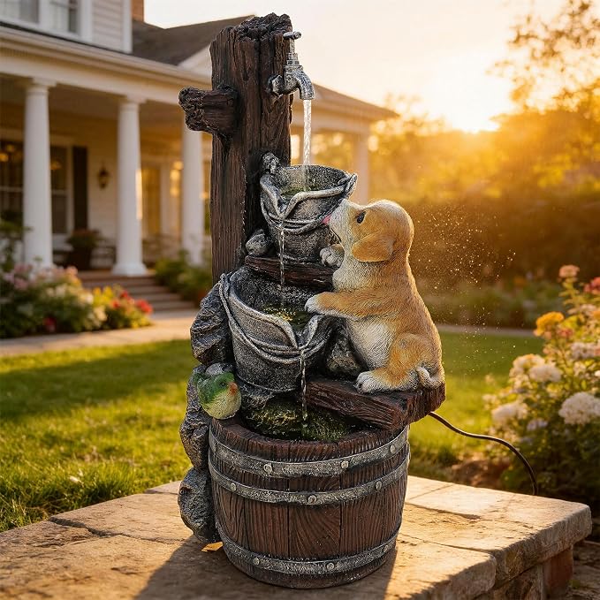 24.5" Puppy & Green Bird Outdoor Fountain, 3-Tier Pastoral Water Feature with LED Lights, Resin Buckets & Wooden Barrel Soothing Cascading Waterfall for Patio, Backyard, Garden