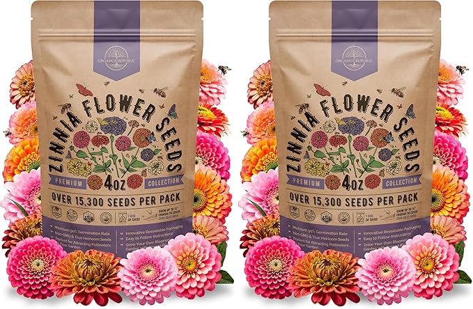Zinnia Seeds Pack 4 oz - Over 15,300 Non-GMO Heirloom Zinnia Seeds for Planting, Annual Flowers in Individual Seed Packet for Planting Home Garden Indoor & Outdoor Gardening (Pack of 2)