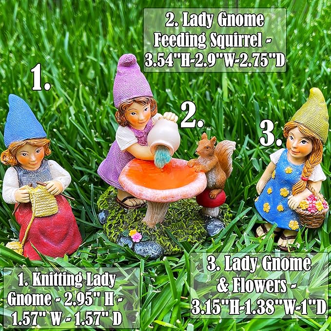 Mood Lab Garden Gnome Figurines - Lady Gnomes Set (3 pcs) - 3.5" H Miniature Decorative Statues & Accessories - Outdoor & Indoor Garden Decor