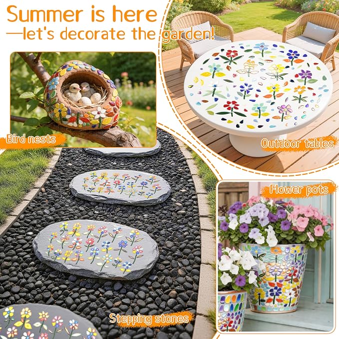LOTOFUN Mosaic Tiles for Stepping Stones: Ceramic Iridescent 610g Mosaic Tiles for Crafts Bulk with Petals Centers Leaves Stem Decorative Flower Mosaic Supplies for DIY Garden Decor Mother’s Gift