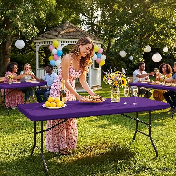 Fitted Tablecloth for 8 foot Rectangle Table-6 Pack Dark Purple Elastic Outdoor Picnic Table Cover-Spandex Stretch Folding Tablecloths 8ft for Camping Dining Room Patio Kitchen Banquet Party