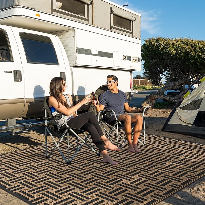GENIMO Outdoor Rug for Patio Clearance, 6'x9' Reversible Geometric Plastic Straw Rugs, Lightweight Waterproof RV Camping Mat for Camper, Balcony, Deck, Backyard, Picnic, Black Brown