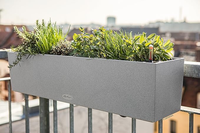 Lechuza BALCONERA Stone 80 Stone Grey, Self-Watering Window Box (Railing Planter), H7.5 L31.1 W7.5 in
