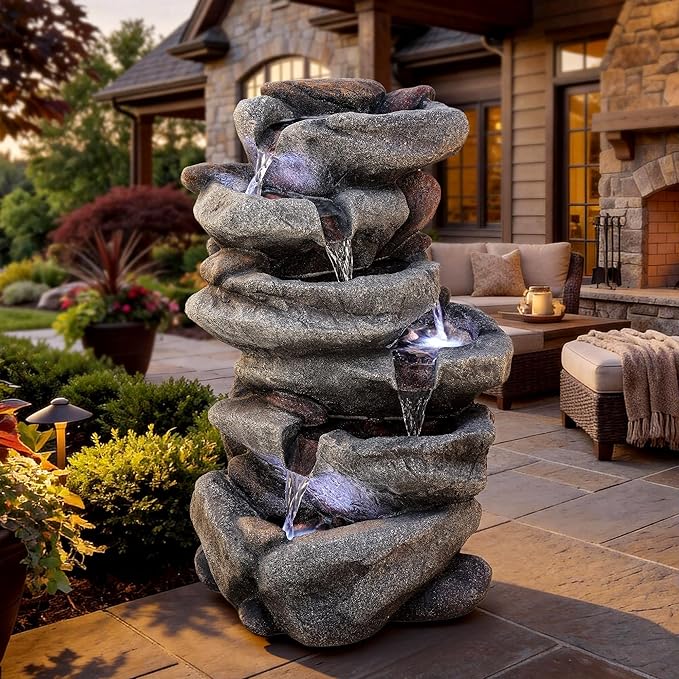 20" H Outdoor Water Fountain with LED Lights, 5-Tier Rock Outdoor Fountain with Pump,Polyresin Cascading Freestanding Waterfall Feature for Tranquil Garden, Patio or Porch