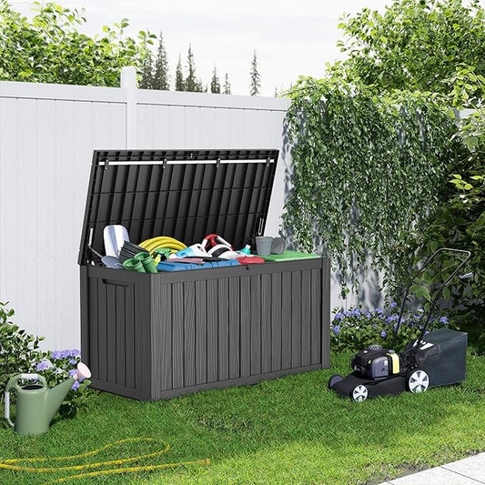 190 Gallon Waterproof Outdoor Storage Box, UV Resistant Resin Deck Box with Hydraulic Rod Lockable for Patio Furniture Garden Tools Black