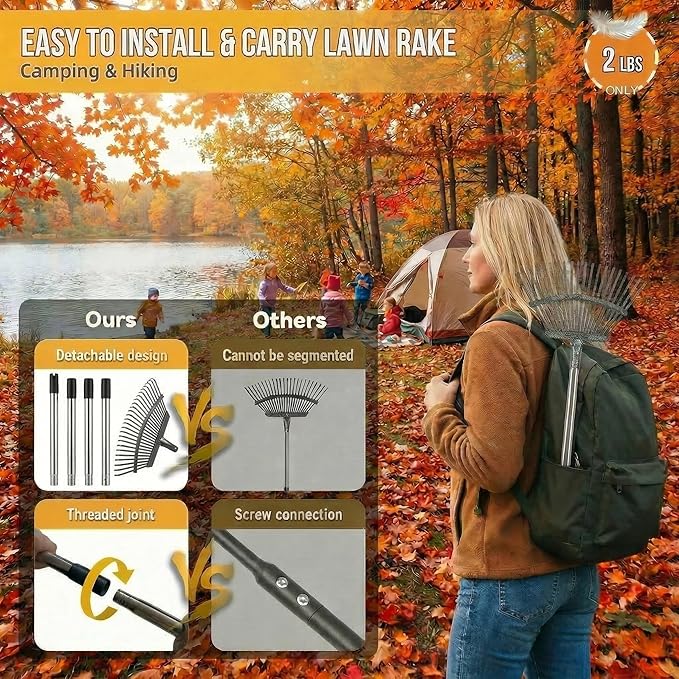 Garden Rake for Leaves, 20 Inch Ultra Wide Heavy Duty Metal Leaf Rake, 40-68 Adjustable Long Handle Yard Lawn Rake with 25 Tines for Grass Pine Needles Debris, for Kids and Adults