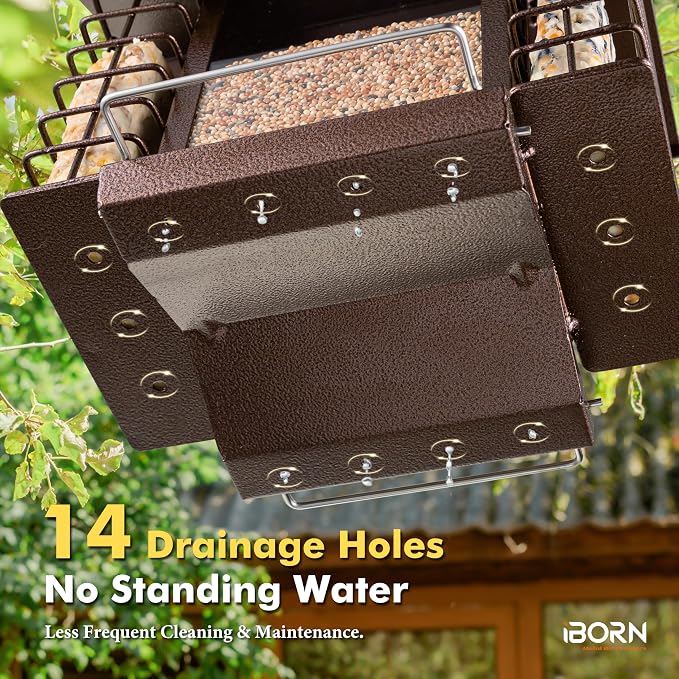 iBorn Bird Feeders for Outdoors,Bird Feeder with Double Suet Holders,Suet Feeder for Outside,Weatherproof Metal Roof,Easy to Refill&Clean,3.2 LBs Seed Capacity+2X Cake,1 Pack,Coffee Roof & Coffee Grid