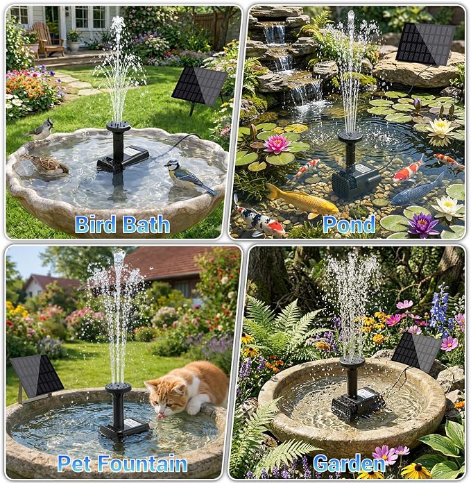 2W Solar Water Fountain, DIY Solar Fountain Pump Kit with 4 Spray Nozzles, 9.84ft Power Cord, Solar Powered Bird Bath Fountain Pump for Garden Pond, Patio, Outdoor Solar Fountain