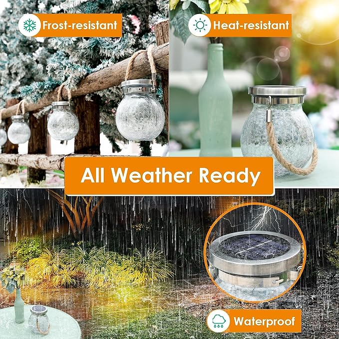 Cooo Gifts for her him 2 Pack Solar Lanterns Outdoor Waterproof Heavy Crackle Glass 30 LED Warm Firefly Lights Stainless Steel Lid 215% Solar for Women Mom Grandma Outdoor Lamps Garden Yard Decor