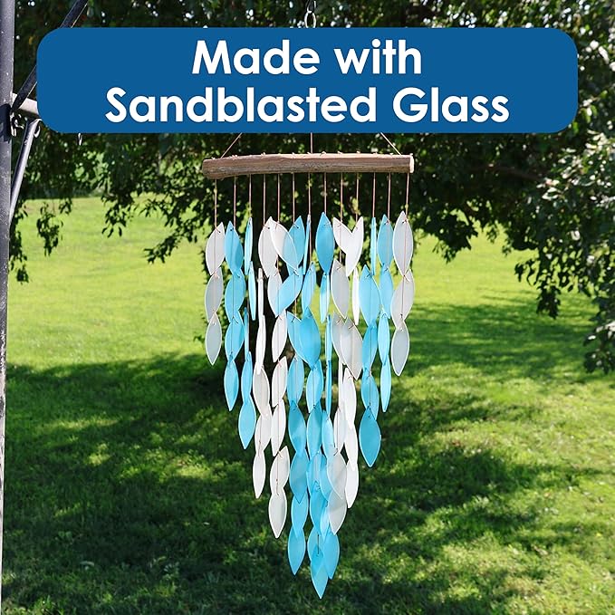 Blue Handworks Blue Waterfall & Driftwood Chime, Sandblasted Glass and Found Wood Handcrafted Wind Chime