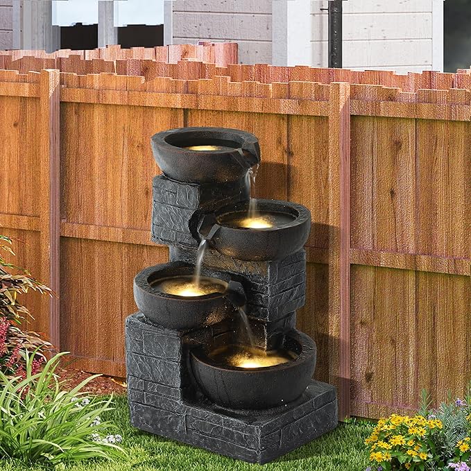 4-Tier Outdoor Garden Water Fountain, 22" H Modern Resin Cascading Bowls Fountain with LEDs and Pump, Freestanding Fountains and Waterfalls for Yard, Porch and Patio Indoor Decor (Brown)