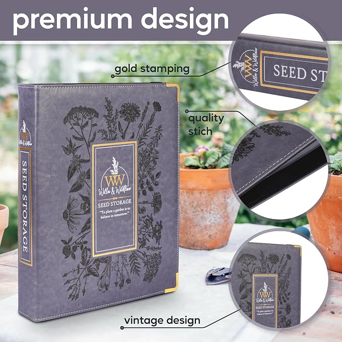Create-ables Willow and Wildflower Garden Seed Organizer Binder, Seed Storage Organizer, Garden Binder Book for Packet Storage Catalog Can Store 120 Packets with Dibber and Widger (Slate Blue)