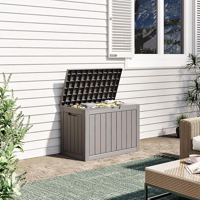 Outdoor Storage Box, 45 Gallon Resin Deck Boxes Outdoor Waterproof For Patio Furniture, Garden Tools, Pool Supplies, Lockable And UV Resistant (Striped Gray)