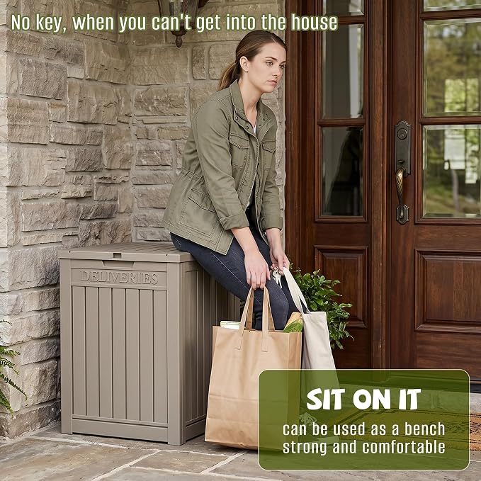 55 Gallon Package Delivery Boxes Outside Secure Waterproof Resin UV Resistant Lockable Mail Parcel Drop Mailbox Storage Deck Box for Outdoor Porch Patio Grey