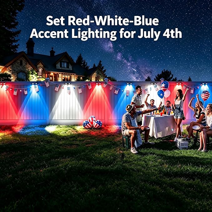 BrizLabs Fence Solar Lights Outdoor, 8 Pack 9 Colors & 11 Modes Color Changing Deck Lights, 250lm Red White & Blue Fence Deck Light IP65 Waterproof Solar Wall Light for Outside Backyard Stair Railing