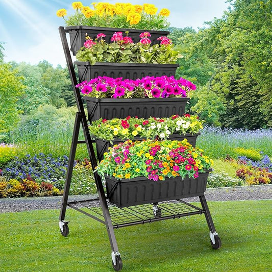 Homdox 5-Tier Vertical Garden Bed with Lockable Caster Wheels and Storage Rack - 4FT Vertical Raised Bed with 5 Garden Planter Boxes- Perfect to Grow Vegetables Herbs Flowers Indoor(Black)