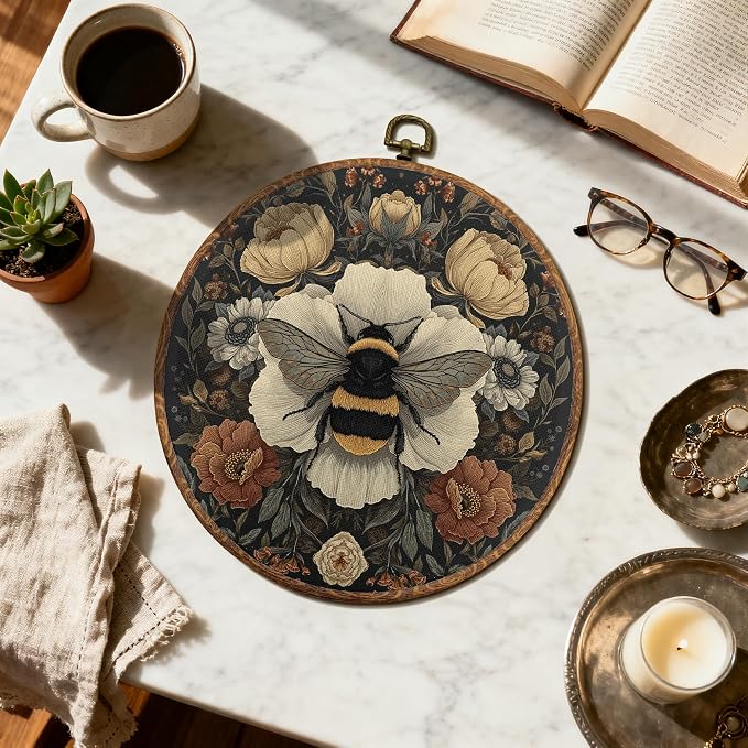 DOFQZ Vintage Boho Floral Bee Round Wall Art Decor, Dark Cottagecore Flower Bumblebee Framed Wall Art, Retro Botanical Canvas Wall Hanging Decor for Home Bedroom Living Room, 10x10