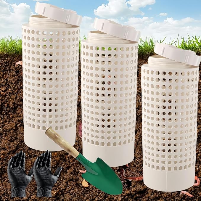 Inground Worm Composter, Outdoor Worm Farm Compost Bin Kit with Lid for Raised Garden Beds, Reducing Food Waste Composting Systems - with Gloves & Shovel(10.24 * 4.3 * 4.3 in (3 PCS))