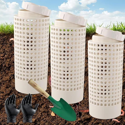 Inground Worm Composter, Outdoor Worm Farm Compost Bin Kit with Lid for Raised Garden Beds, Reducing Food Waste Composting Systems - with Gloves & Shovel(10.24 * 4.3 * 4.3 in (3 PCS))