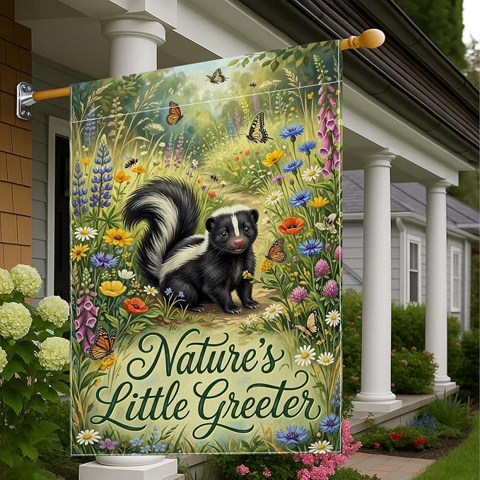 Skunk House Flag, Nature Fanciful Butterfly Flowers Spring Green Burlap Double Sided Front Porch Decorative Flags for Outdoor Yard Lawn Patio Doorway Entrance 28x40 Inch