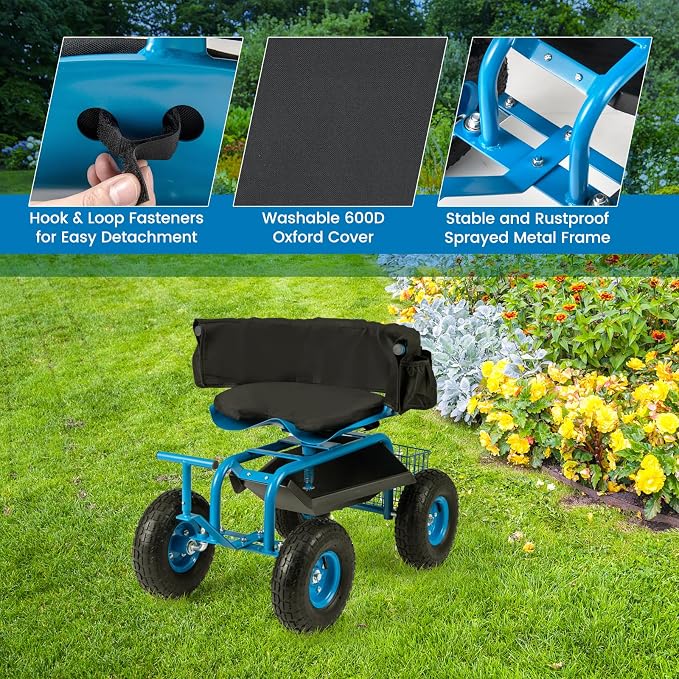 Giantex Garden Cart, Rolling Workseat with 4 Wheels, Tool Tray, Removable Cushion, Storage Basket, 2 Handles, Adjustable Height & 360 Swivel Work Seat, Gardening Stool for Patio Lawn (Blue & Black)