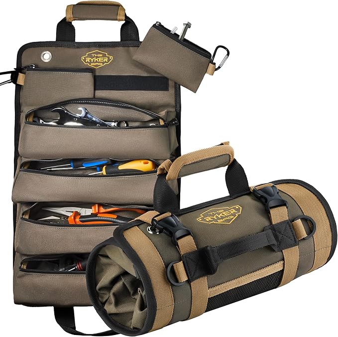 The Ryker Roll Up Tool Bag Organizer Heavy Duty Motorcycle Tool Roll Bag Organizer. Portable Rollup Toolbag w/Detachable Pouches - Tools Bags Mens gifts for him/Mechanic (Khaki+Black)