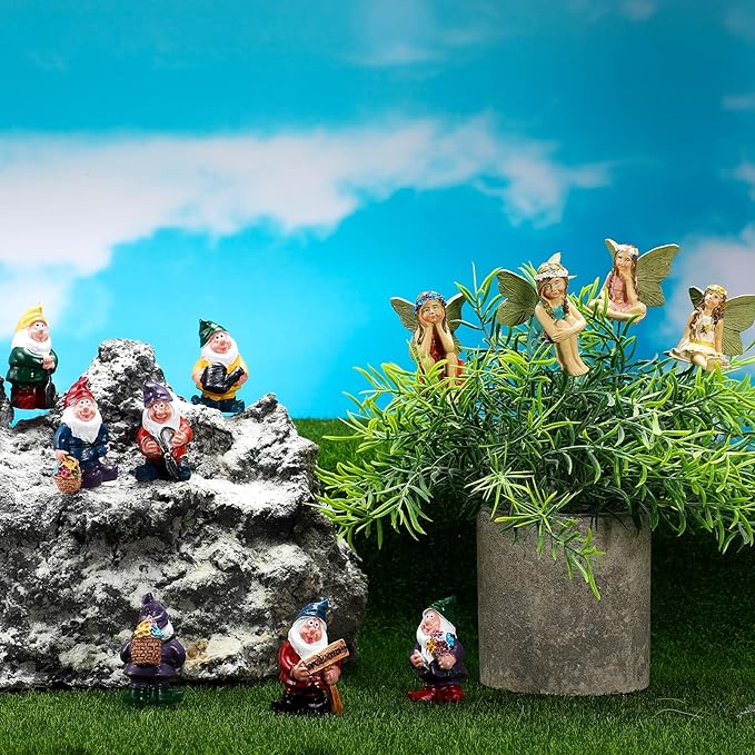 Queekay 13 Pieces Fairy Garden Miniature Accessories 6 Pcs Mini Fairy Figurines and 7 Pcs Tiny Gnomes for Outdoor Garden Yard Lawn Indoor Pot Plants Supplies Home Decor