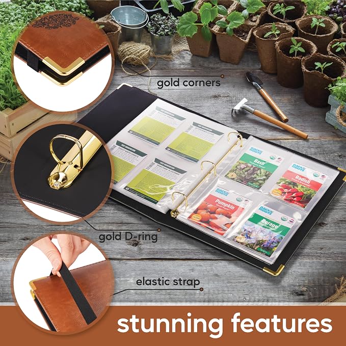 Create-ables Willow and Wildflower Garden Seed Organizer Binder, Seed Storage Organizer, Garden Binder Book for Packet Storage Catalog Can Store 120 Packets with Dibber and Widger (Classic Brown)