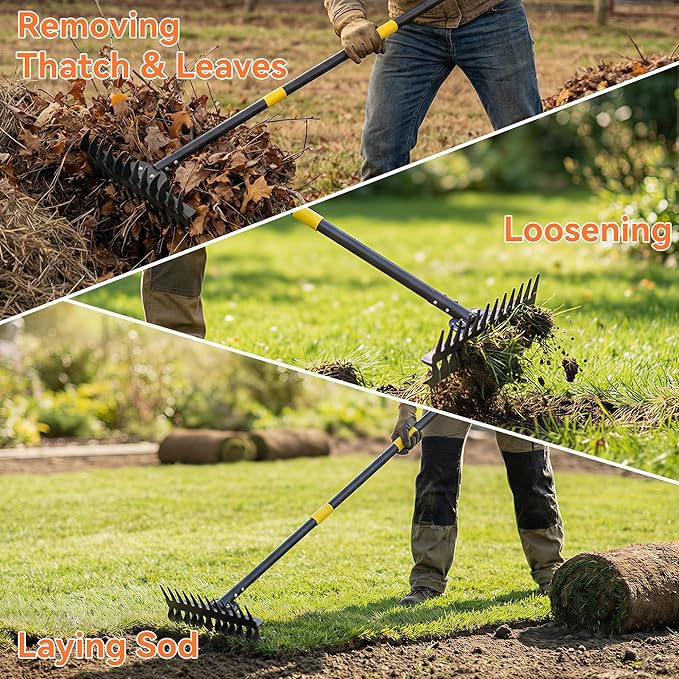 77" Adjustable Bow Rake, Metal Head with 1.1-Inch Thick Stainless Steel Handle, Heavy Duty Garden Rake for Soil Loosening, Leaf Gathering, Lawn Leveling & Yard Management