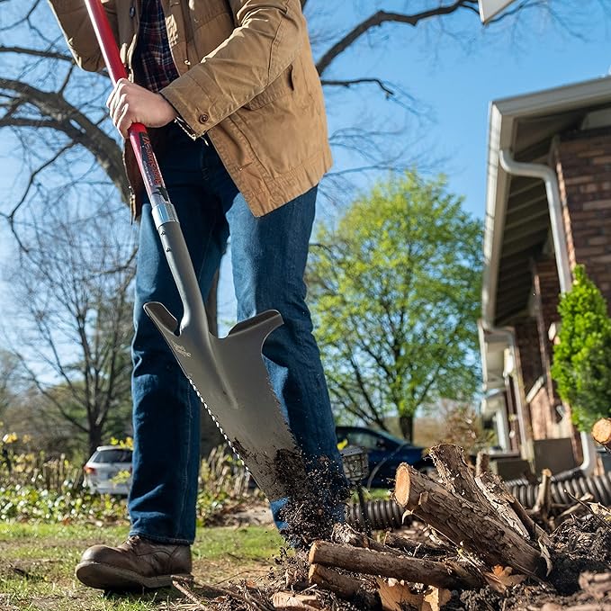 Root Slayer 22511 XL Garden Shovel with Serrated Blade for Digging and Root Cutting, Fiberglass Shaft, Heavy Duty Steel Spade, Red
