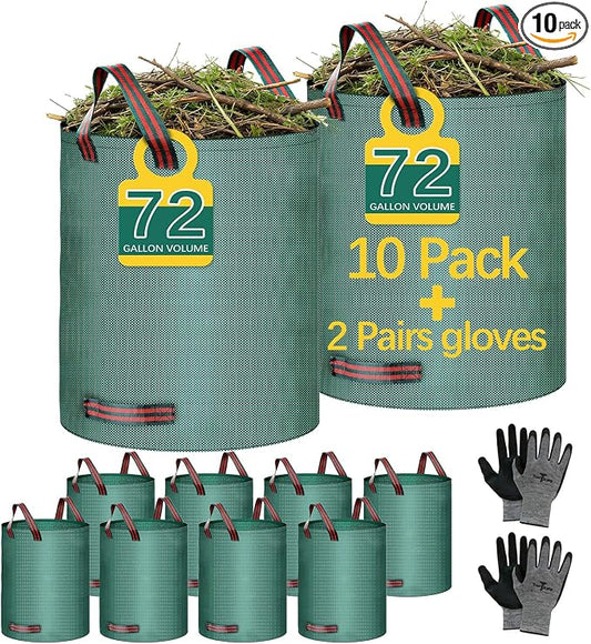 10 Pack 72 Gallon leaf bags reusable yard waste bags lawn bags,Can stand 2 pairs of gardening gloves are included,Suitable for camping yards, can Cleaning debris, leaves,grass clippings