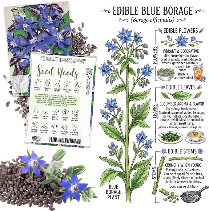 Seed Needs Edible Wildflower Seed Packet Collection (7 Varieties of Flower Seed for Planting) Non-GMO Heirloom & Untreated - Includes Viola, Pansies, Chives, Borage, Calendula, Nasturtium & Bee Balm