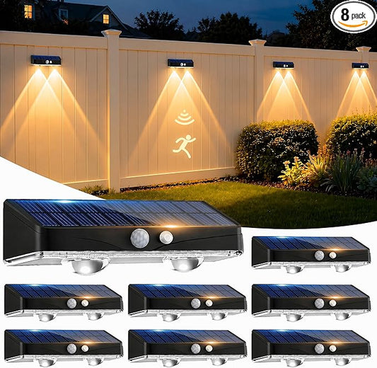 kolpop Warm White Solar Fence Lights Solar Powered,8 Pack Motion Sensor Fence Lights Outdoor,IP65 Waterproof,3 Lighting Modes LED Solar Lights for Backyard,Patio,Railing,Wall,Nighttime,Party