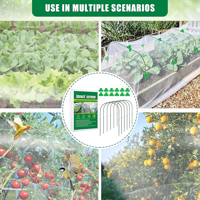 10 X 50 FT Garden Mesh Netting Kit Pest Barrier for Raised Beds, Fruit Tree Netting with 10 Sets Garden Hoops & 20 Clips for Cicadas Bird Insect, Blueberry Bush Netting Cover for Garden Protection